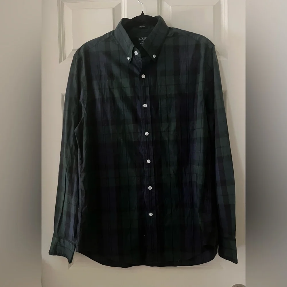 NWT Men's J.Crew Navy Green Plaid Flex Washed Classic Fit Casual Shirt M Holiday